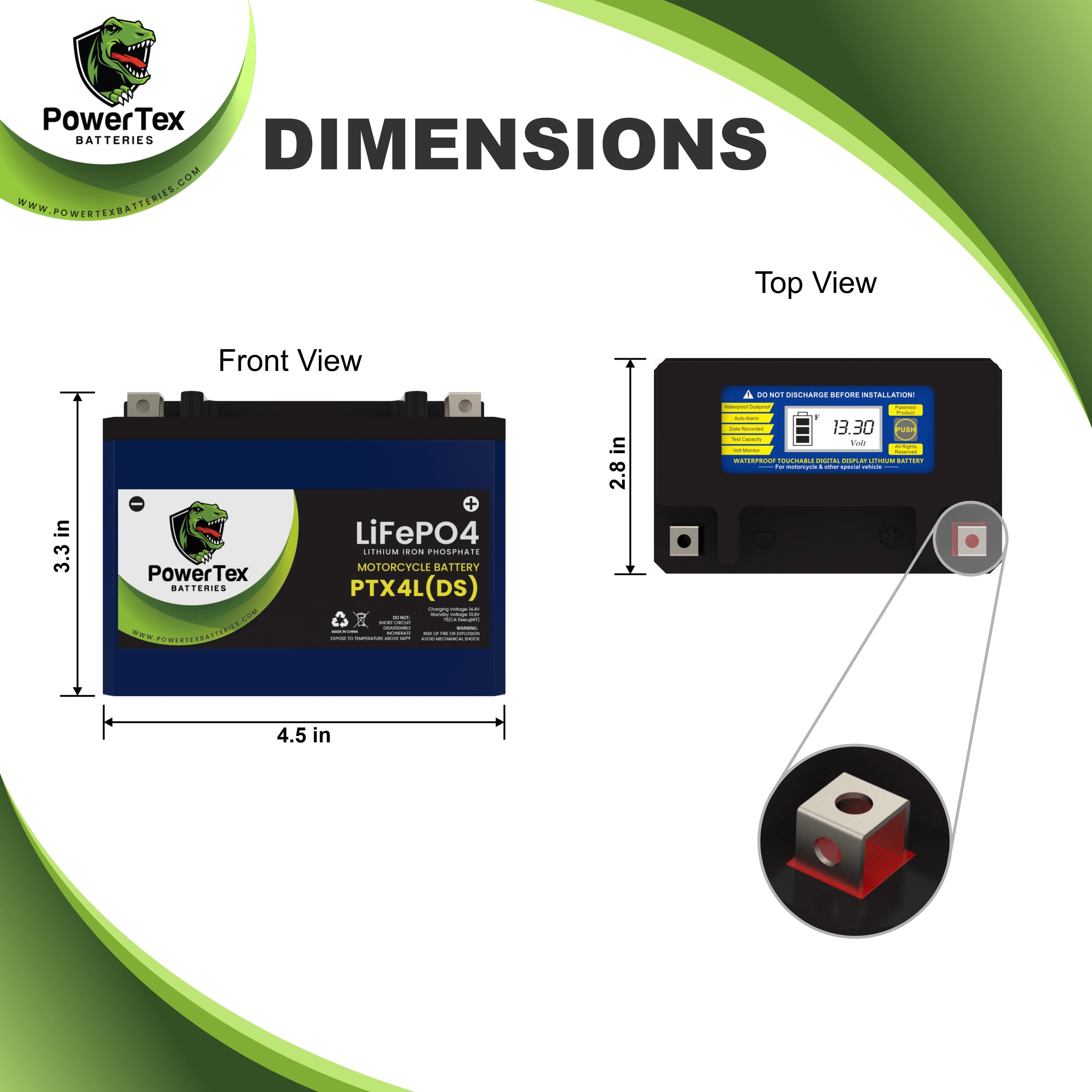 PowerTex Batteries YTX4L-BS LiFePO4 Lithium Iron Phosphate Motorcycle Battery