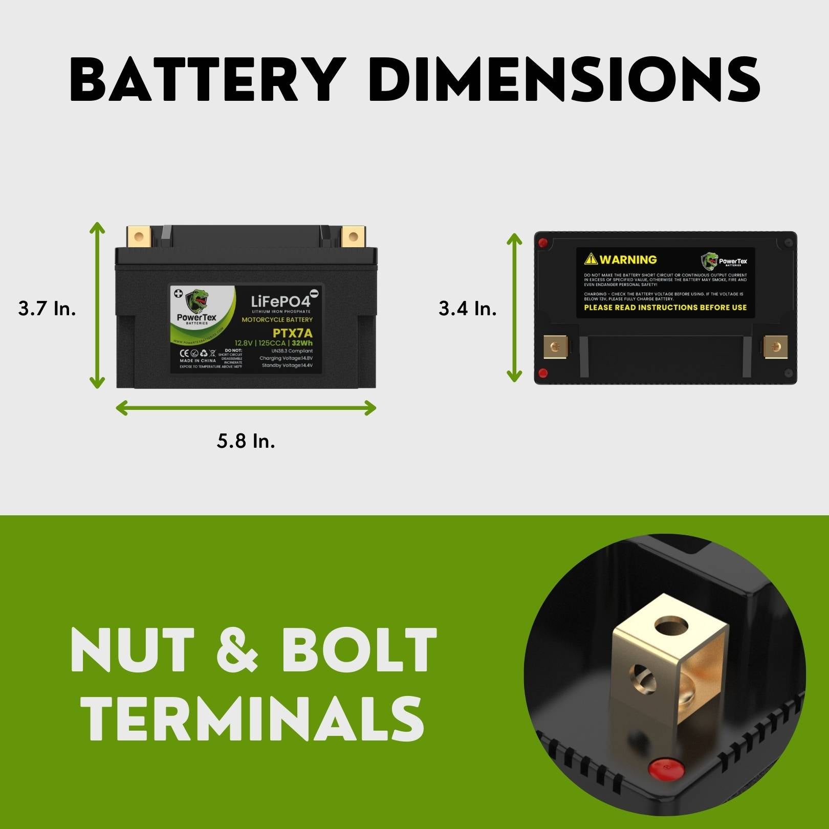 PowerTex Batteries YTX7A-BS LiFePO4 Lithium Iron Phosphate Motorcycle Battery