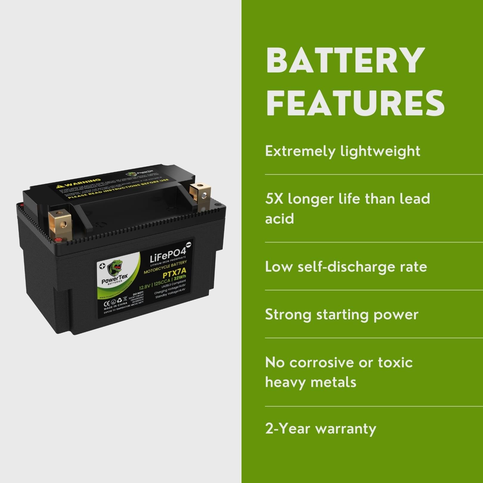 PowerTex Batteries YTX7A-BS LiFePO4 Lithium Iron Phosphate Motorcycle Battery