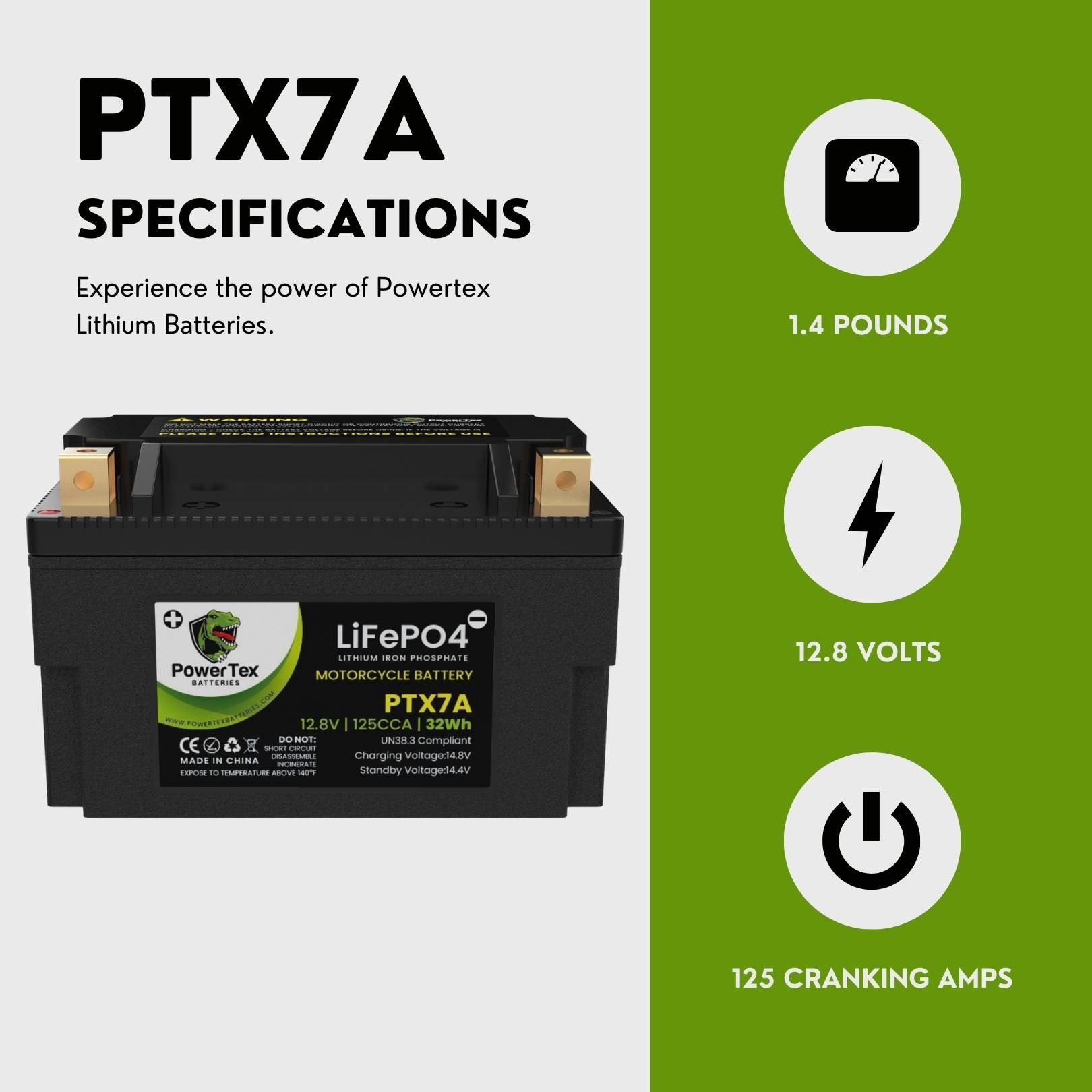 PowerTex Batteries YTX7A-BS LiFePO4 Lithium Iron Phosphate Motorcycle Battery