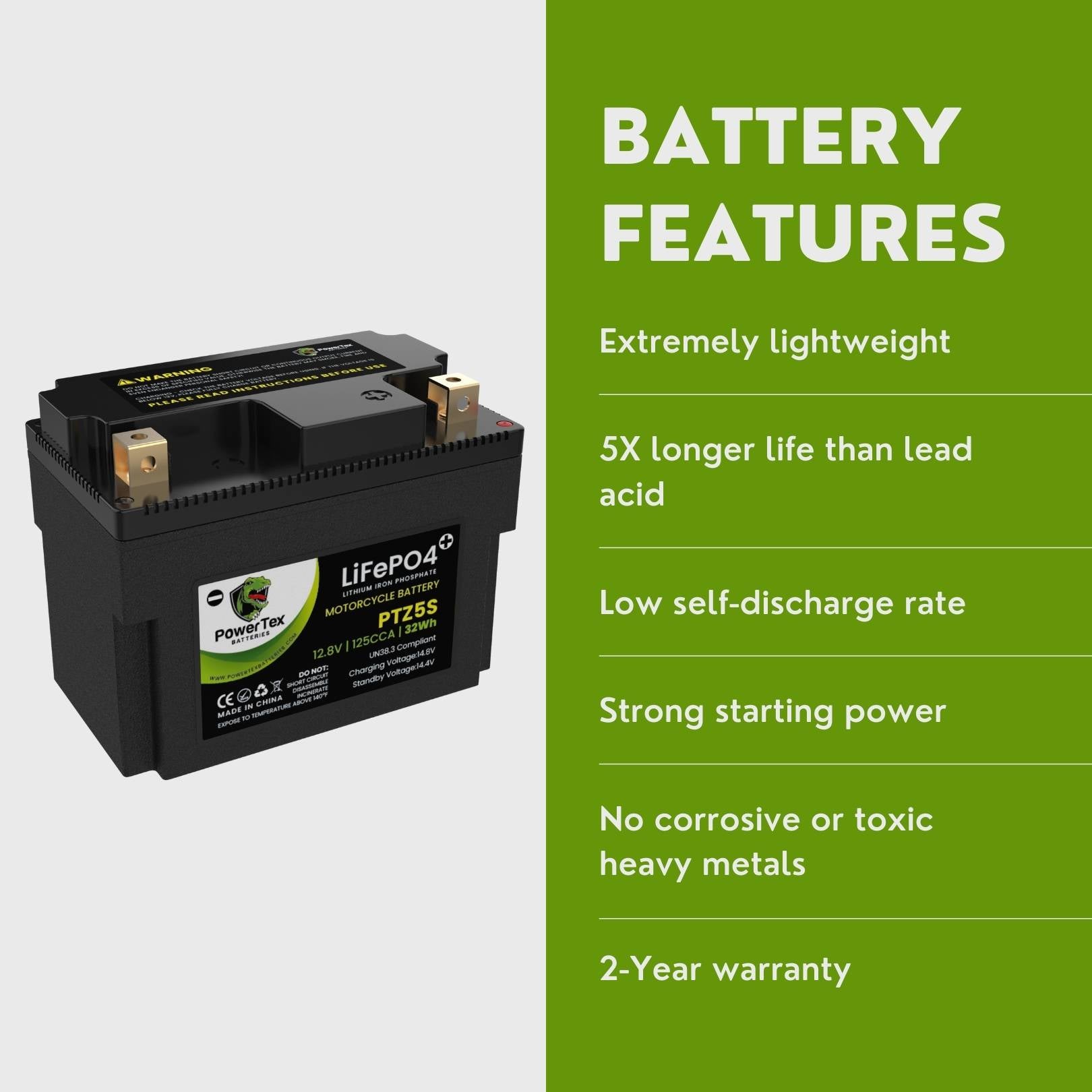 PowerTex Batteries YTZ5S LiFePO4 Lithium Iron Phosphate Motorcycle Battery