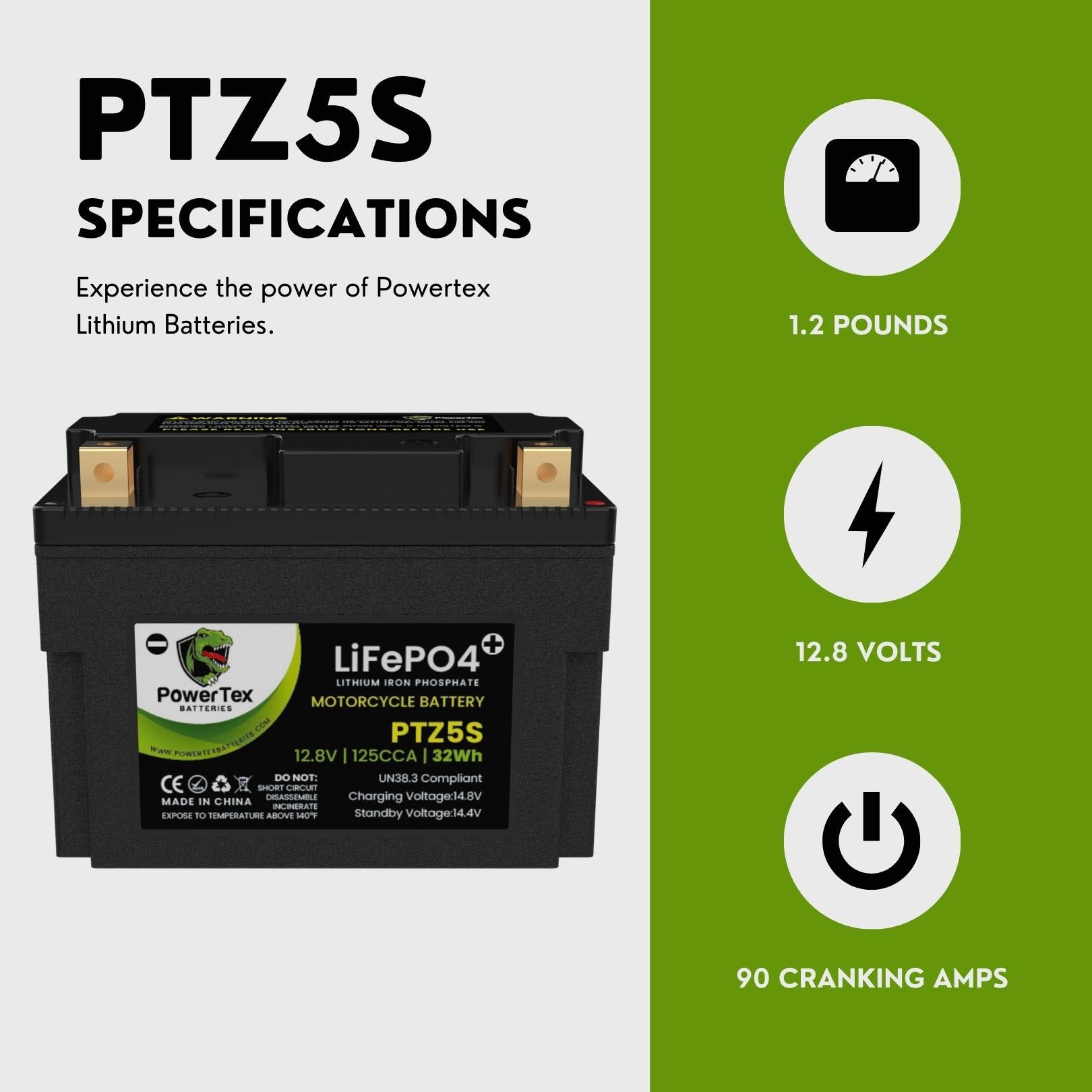 PowerTex Batteries YTZ5S LiFePO4 Lithium Iron Phosphate Motorcycle Battery