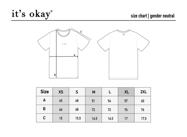 it's okay size chart from essential organic t-shirts. Onde size doesn't fit all and thats okay. Pt: tabela de medidas das t-shirts orgânicas essential brancas e pretas.