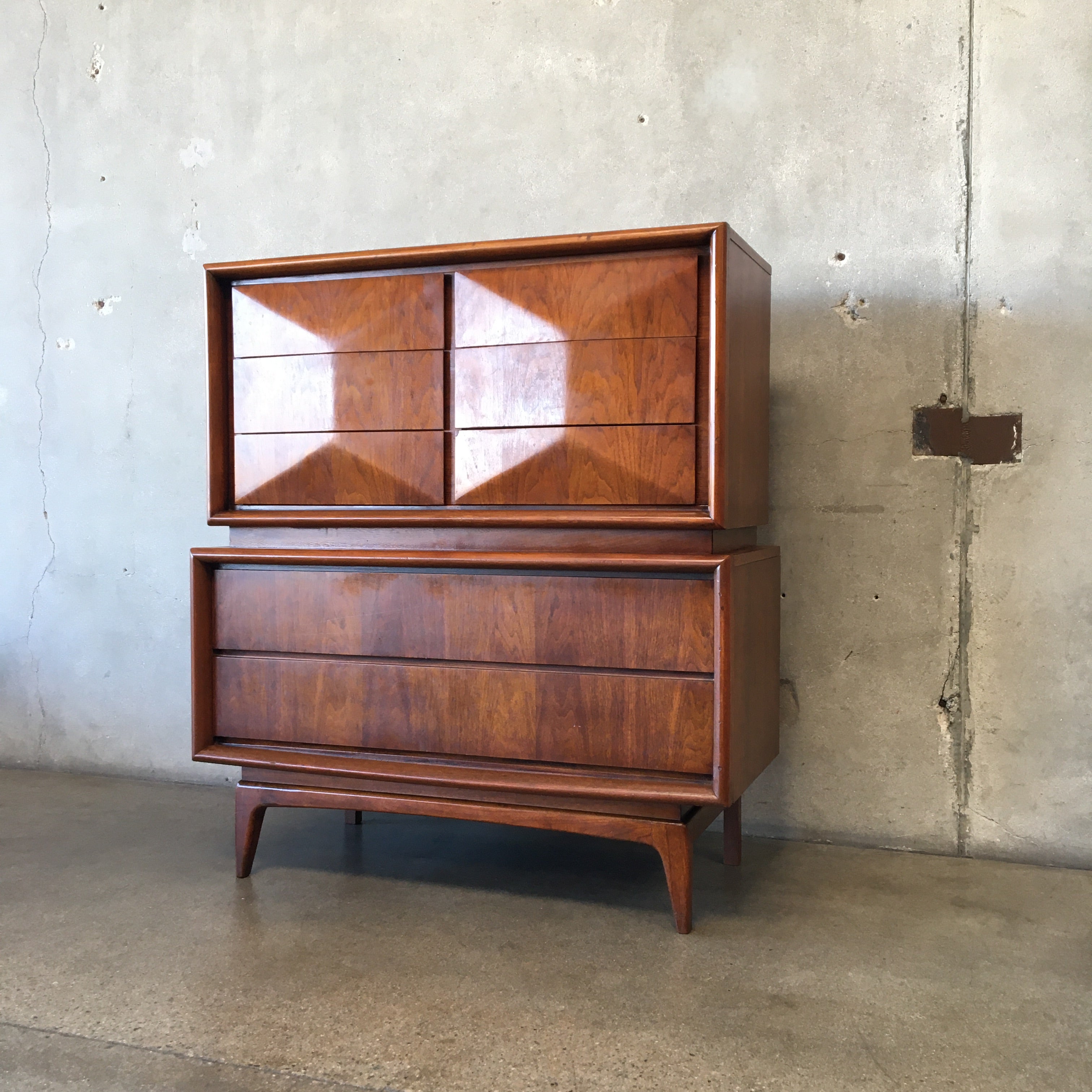 Mid Century Diamond Front Highboy Dresser By United Furniture Co