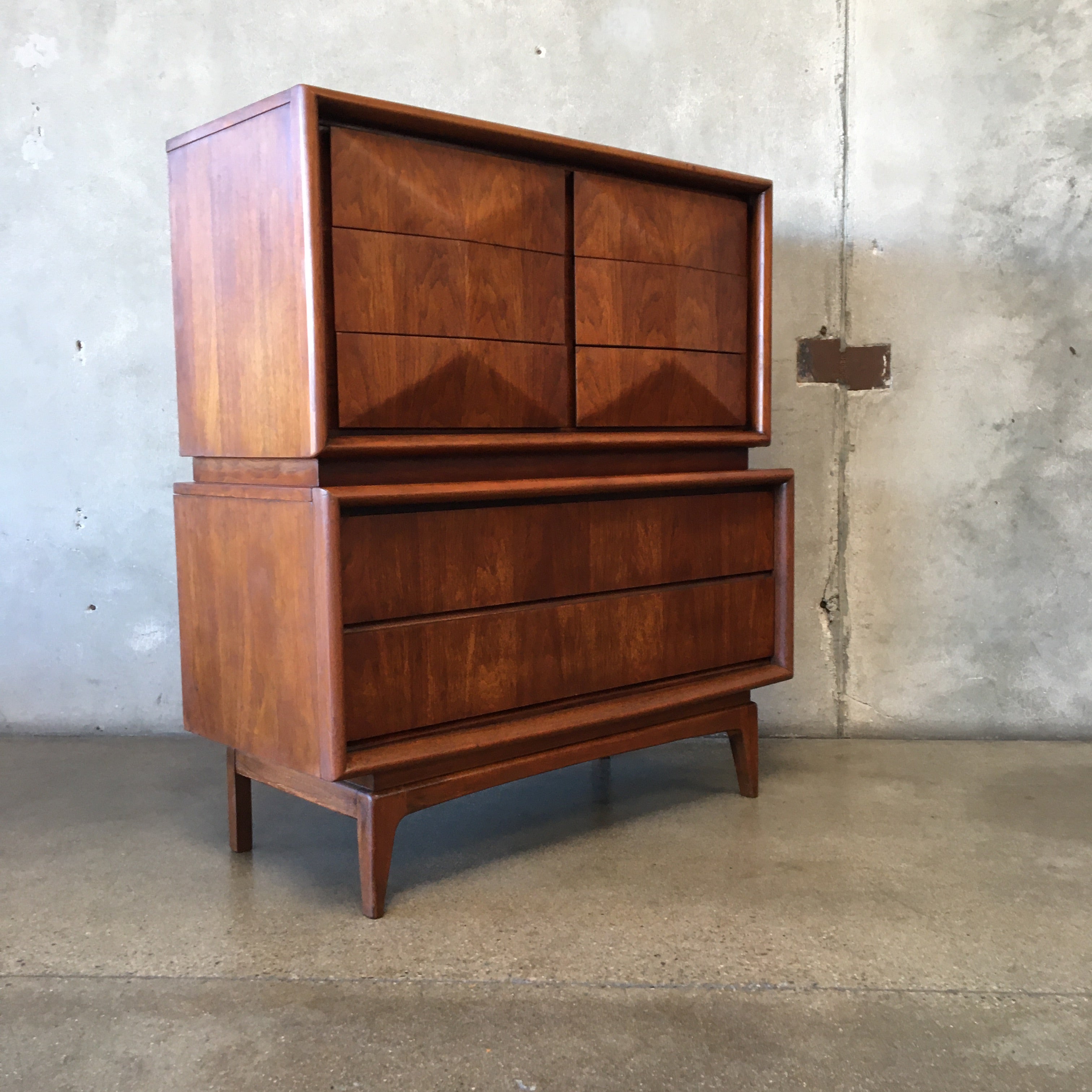 Mid Century Diamond Front Highboy Dresser By United Furniture Co