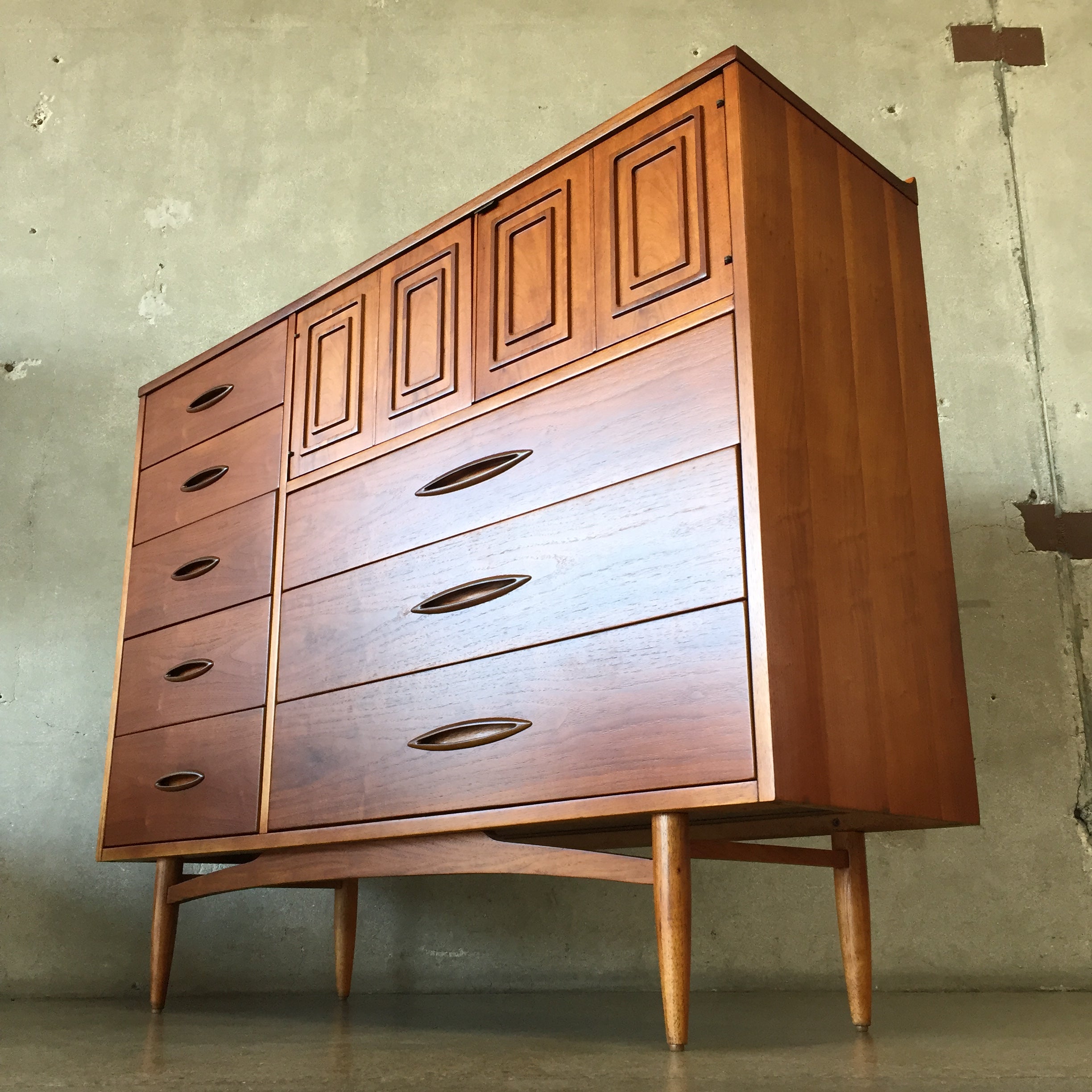 Vintage Mid Century Walnut Broyhill Sculptra Tall Boy Dresser