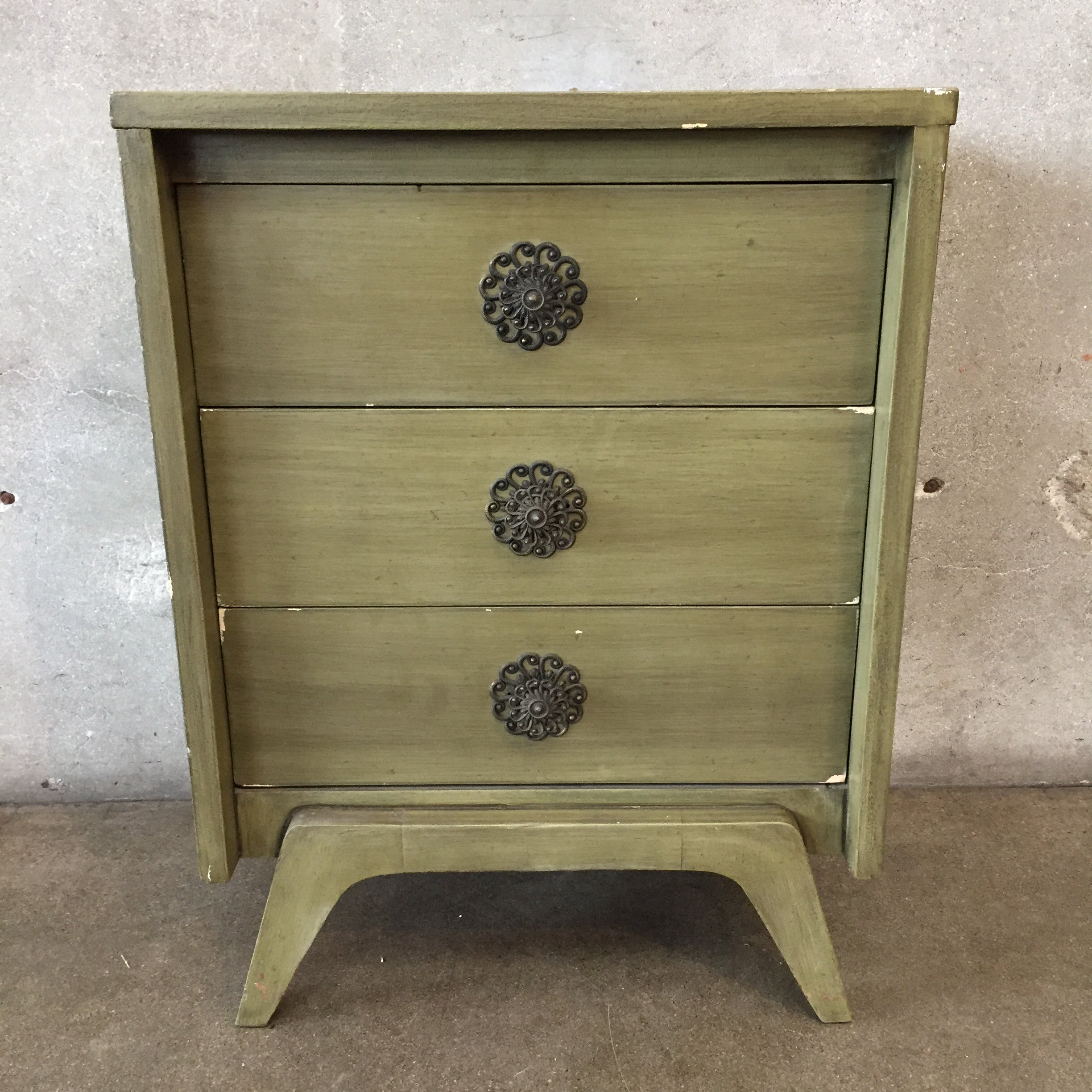 Mid Century Olive Green Three Drawer Nightstand