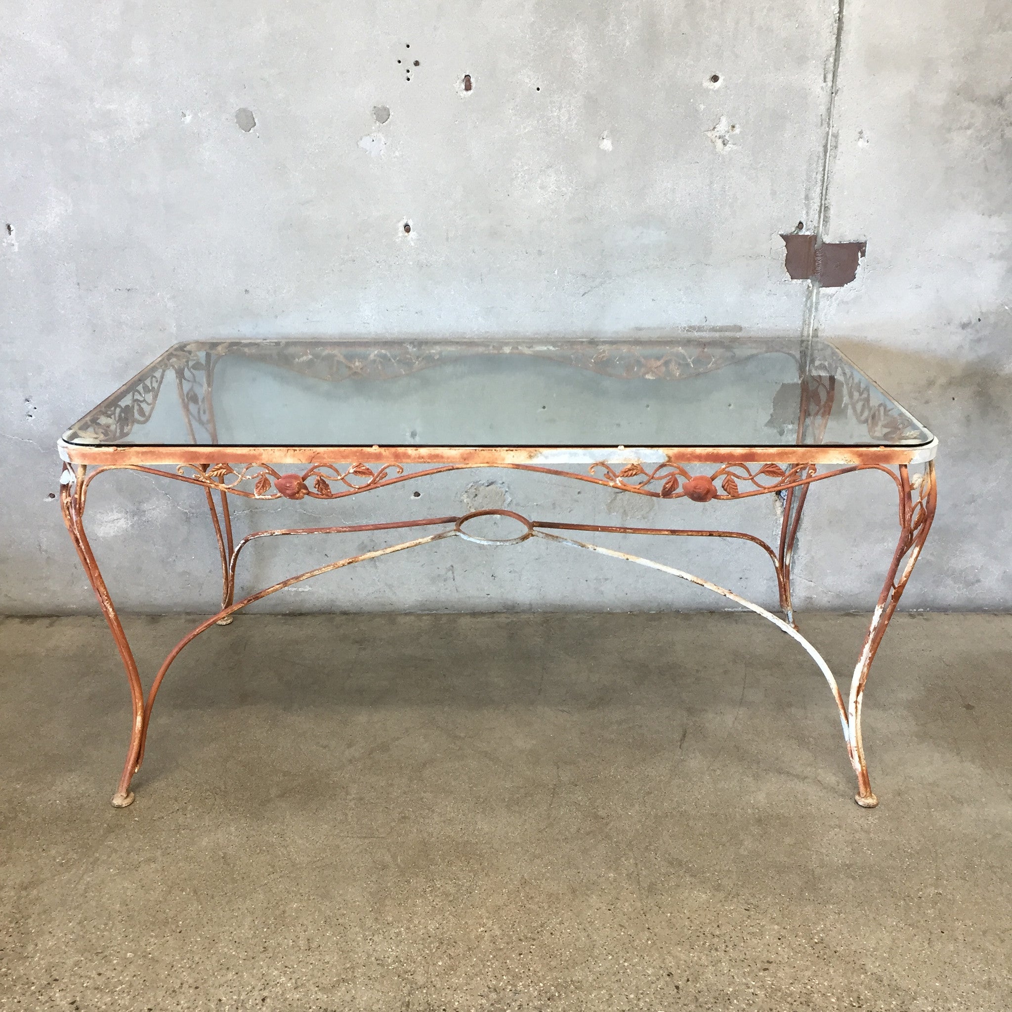 Vintage Iron Patio Table With Tempered Glass Top