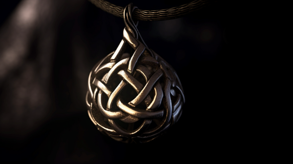 Close-up view of a Celtic knot pendant hanging against a dark background.
