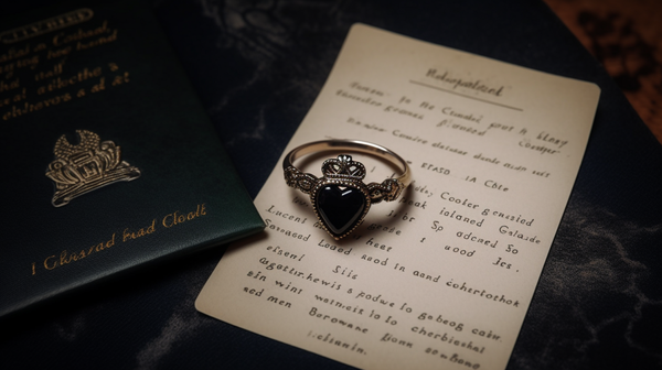 Claddagh ring displayed next to a hand-written card describing its traditional symbolic meaning on a dark velvet fabric.