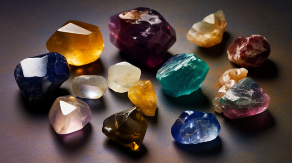 A variety of raw and cut gemstones illustrating the transformation from rough to polished state.