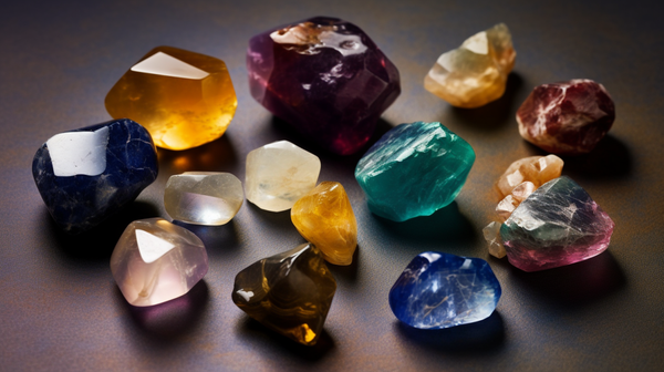 An assortment of precious and semi-precious gemstones on a neutral background.