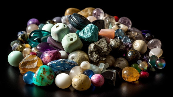  A vibrant assortment of beads made from diverse natural materials like semi-precious stones, wood, bone, and shell.