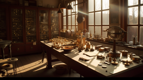 Horologist's workshop illuminated by warm, late-afternoon sunlight from a west-facing window, casting long shadows on the workspace