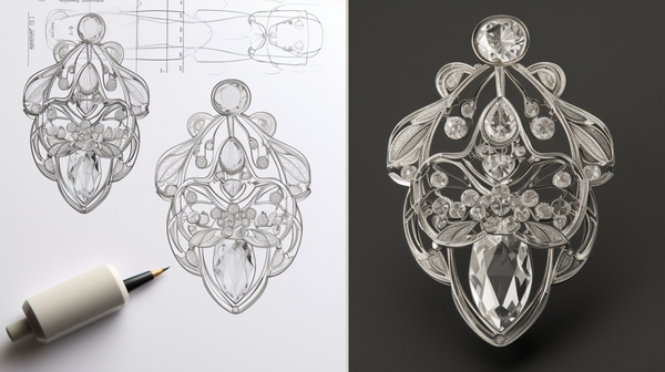 Side-by-side comparison of a jewellery design sketch and the completed piece, highlighting the design evolution.