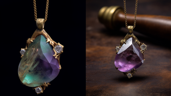 Before and after images of a raw gemstone and the finished jewelry piece.