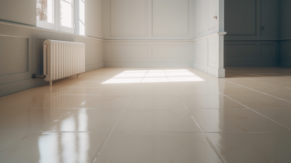 A bright, inviting image of the finished floor with the light-colored linoleum covering