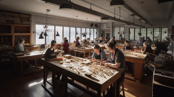 A group of students learning jewellery-making techniques from an experienced instructor in a bright, welcoming classroom