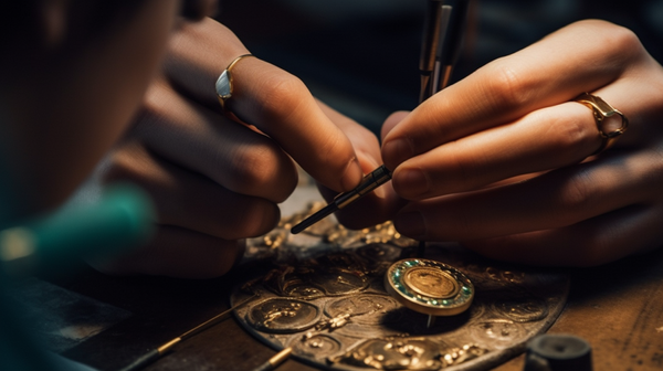 An artist-jeweler immersed in crafting a piece of jewelry at their workbench, surrounded by an array of jeweler's tools and materials.