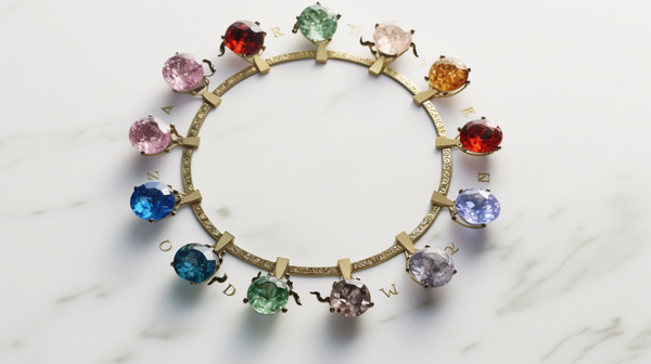 A circle of 12 unique gemstones representing each zodiac sign on a light background.