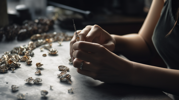 Close-up of an artist-jeweller working on a distinctive piece with tools and materials in the foreground