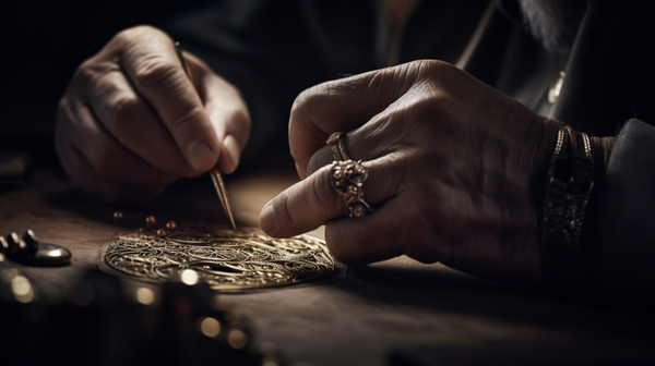Close-up of a jeweller's hands meticulously crafting a piece of jewellery, embodying the artistic process.