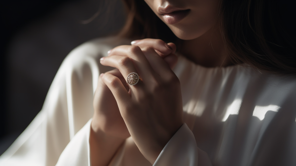 Close-up of a hand gently holding a symbolic piece of jewellery, showcasing a personal connection with the piece's meaning.