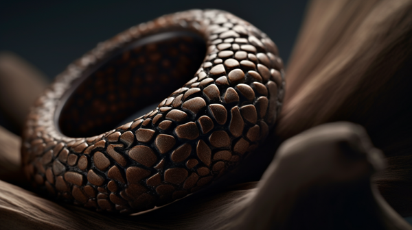 Close-up view of a unique piece of jewellery crafted from nonmetallic, organic materials, highlighting its distinctive texture and naturalistic design.