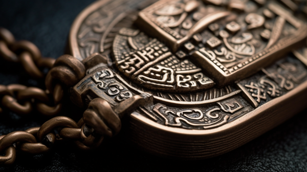 Close-up of an intricately designed amulet, showcasing the fine craftsmanship and detailed artistry.