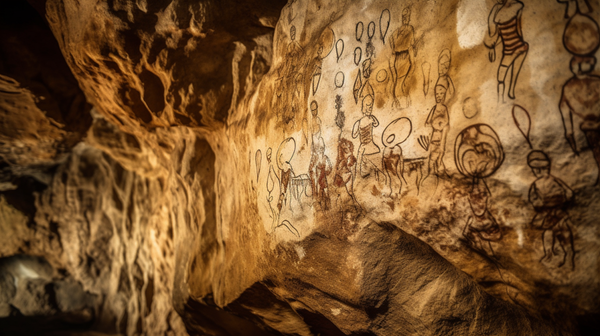Close-up of ancient cave drawings illustrating humans adorned with primitive jewelry.