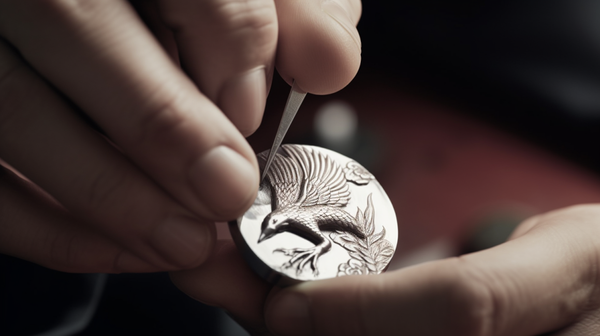 A jewelry designer meticulously crafts a pendant featuring a phoenix symbol.