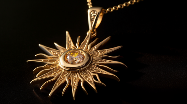 A radiant gold sun pendant necklace glittering against a dark background, symbolizing fertility and progeny.