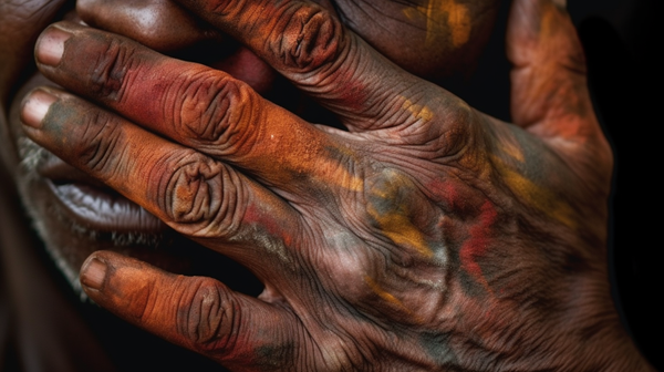 A hand smeared in colorful pigments creating intricate patterns on a person's face, representing the ritualistic practice of masking.