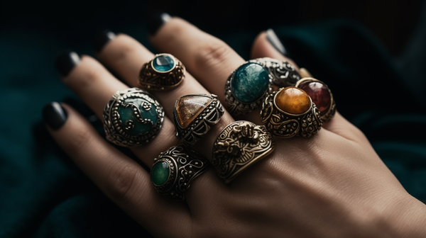 Close-up view of a hand adorned with various gemstone rings, symbolizing love and commitment.