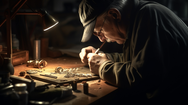 A focused jeweler intricately crafting a piece of jewelry.