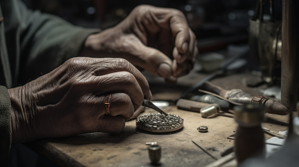 A jeweller's hands crafting a piece of jewellery using traditional hand tools, with machine equipment in the background