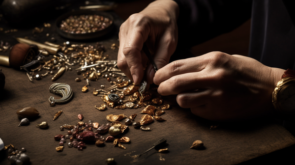 Close-up image of a jeweller's hands meticulously crafting a piece of jewellery, demonstrating the high level of creative achievement involved in the process.