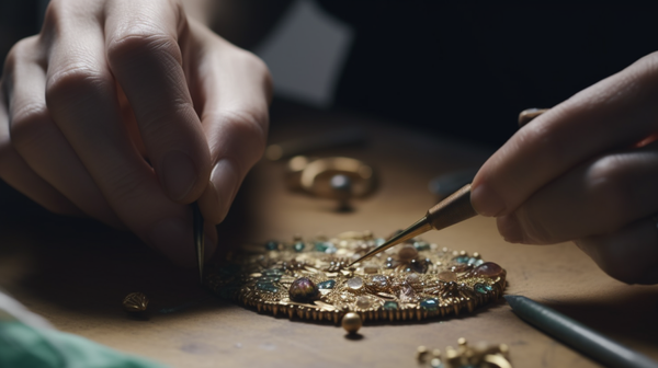 A close-up shot of a jeweller's hands meticulously crafting a piece of jewellery, emphasizing the value of craftsmanship and creative expression