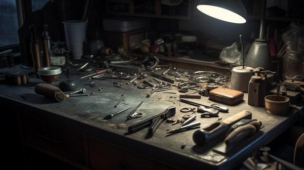 Close-up view of a well-organized jeweller's workbench with various tools