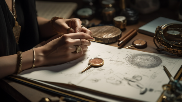 Jewellery designer sketching ideas in a notebook surrounded by tools and materials