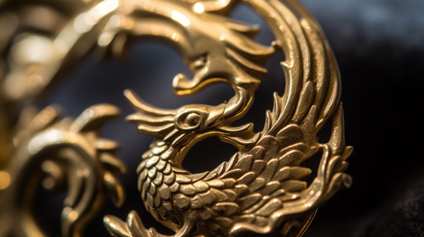 Close-up of a intricately crafted jewelry piece featuring a phoenix/dragon/unicorn symbol, showcasing the fine details and symbol's significance.