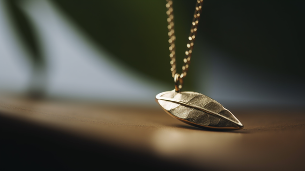 Close-up of a minimalist gold pendant necklace on a neutral background.