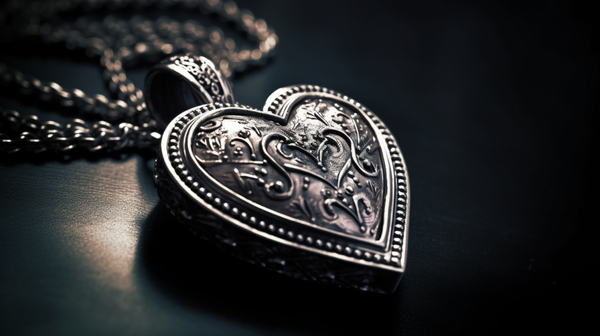 Close-up shot of a heart pendant on a necklace, symbolizing love and affection.