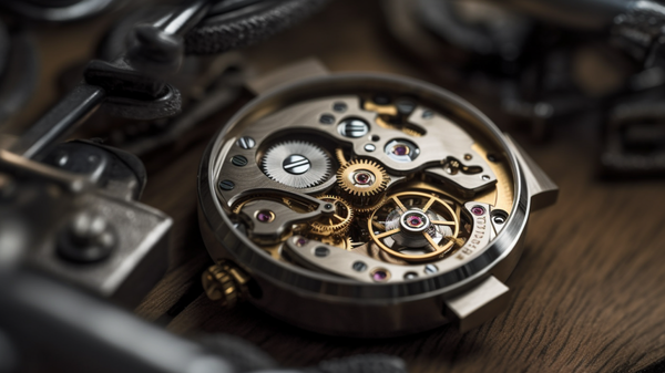 new mechanical watch on a workshop bench, displaying the inner workings, cogs and gears