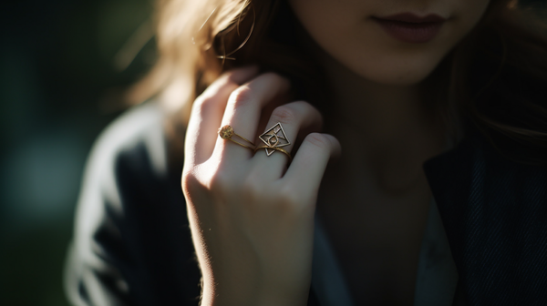 Close-up of an individual wearing a unique piece of jewelry featuring a prominent irrational symbol, symbolizing personal expression.