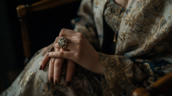 A close-up shot of a person wearing a vintage family heirloom