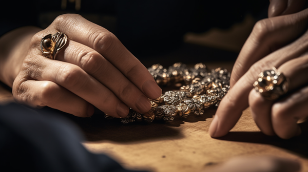 Close-up of a person's hands working on a piece of jewellery, demonstrating focus and precision