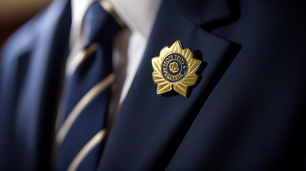 Close-up of a shiny emblem pin, representative of a renowned organization, adorned on a person's lapel.