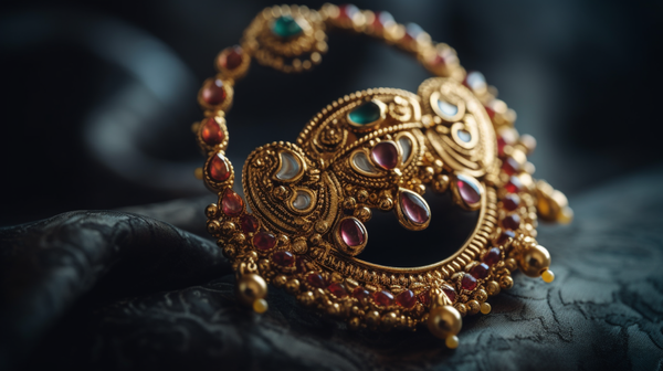 Close-up of a gold Indian nose ring studded with gems against a neutral backdrop.