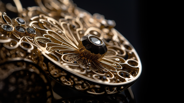 Close-up view of an intricately designed jewellery piece highlighting its composition and form against a neutral background.